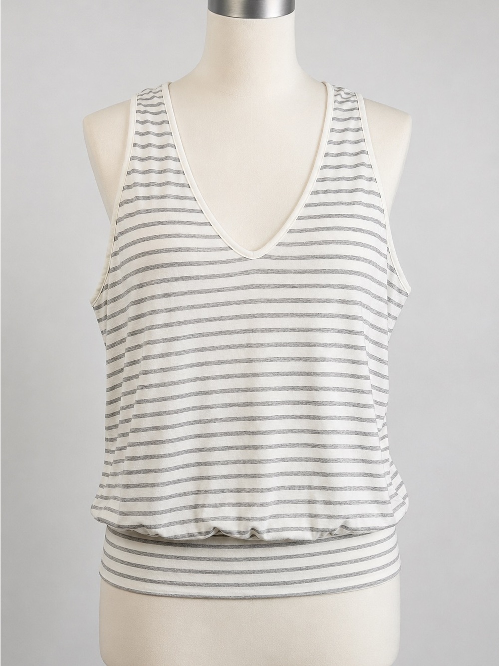 Bordeaux Striped V-Neck Tank Top - Gray & Ivory with banded bottom